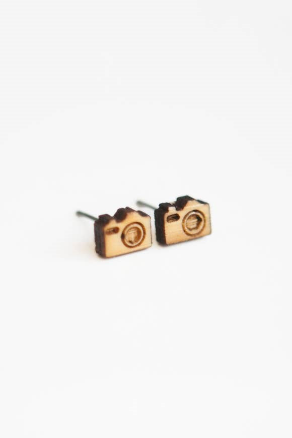 Wood Earrings - Tiny Cameras