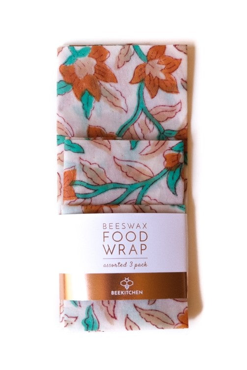 Beeswax Food Wrap - 3pk of Orange + Teal Floral